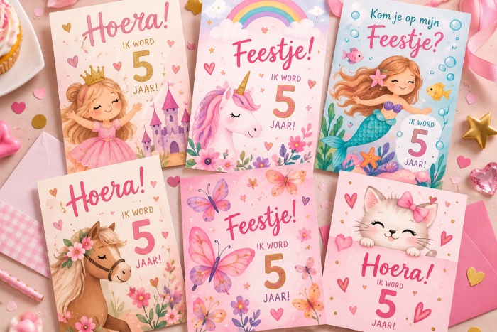 Pastelkleurige verjaardagsuitnodigingen voor 5 jaar
